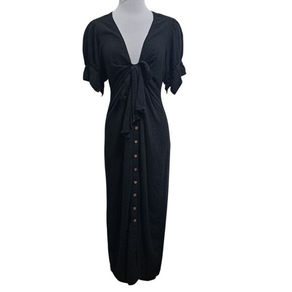 Free People Linen Blend Button Front V Neck Vintage Summer Midi Dress Med Black - Picture 1 of 15